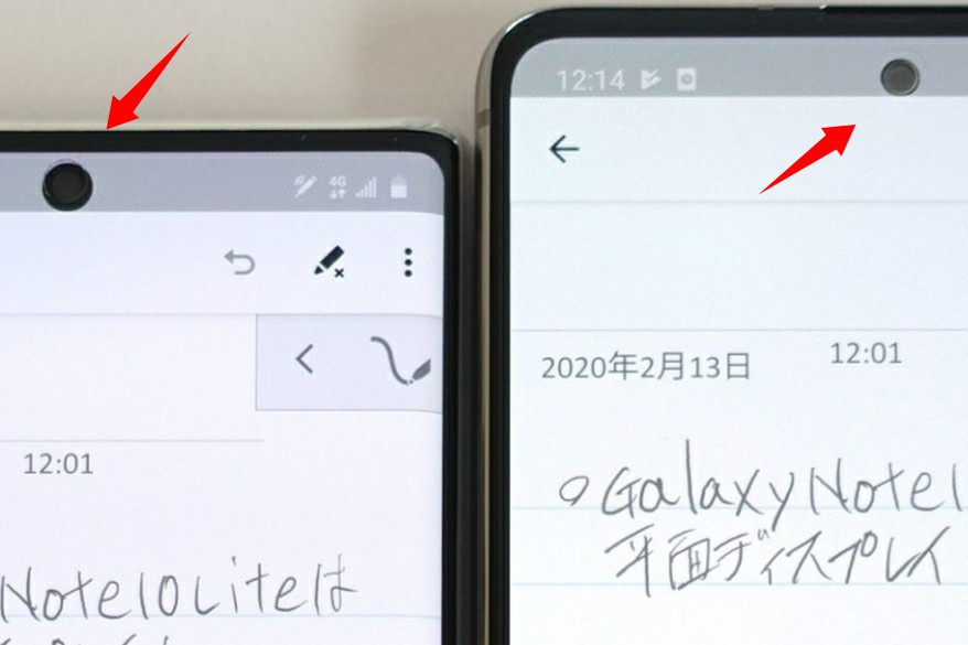 Galaxy Note10 LiteのパンチホールとNote10のパンチホール